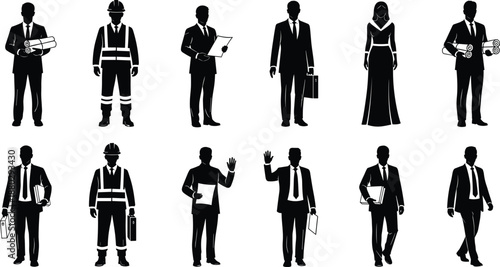 Professional Business People and Construction Worker Silhouettes Set Featuring Engineers Architects and Executives in Formal Suits and Safety Gear Isolated on White Background