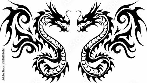 Tribal dragon tattoos with mirrored designs on white background
