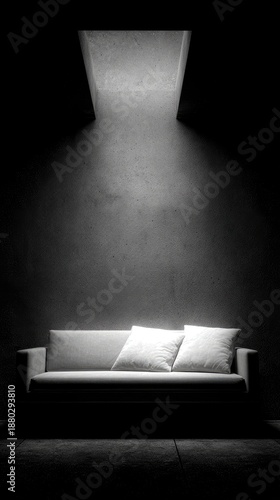 Sofa in a dark room with light from above