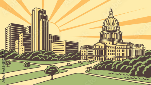 Austin skyline captures texas state capitol and surrounding skyscrapers, ideal for travel blogs, city guides, and texasthemed designs.