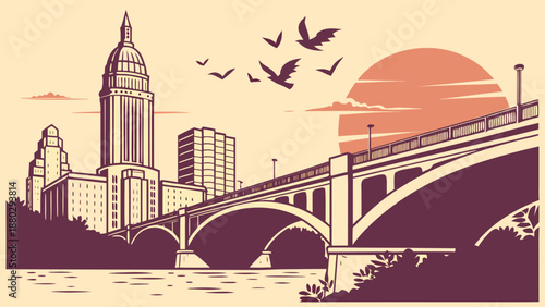 Austin skyline birds fly past third avenue bridge in minneapolis overlooking iconic buildings. Perfect for website banners and travel blogs.