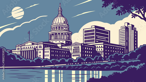 Austin skyline with the capitol building beautifully featured. Suitable for cityscape enthusiasts, texas travelers, and those who appreciate architectural majesty.