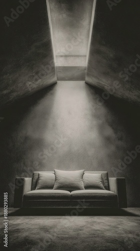 Sofa in a dark room with light from above.