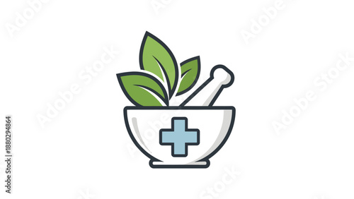 Herbal Medicine Mortar and Pestle with Green Leaves Logo.