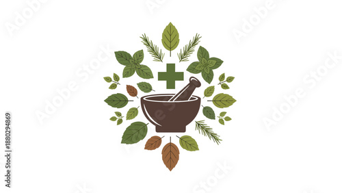 Herbal Medicine Mortar and Pestle with Green Leaves and Cross Symbol.