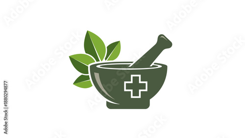 Herbal Medicine Mortar Pestle with Green Leaves Natural Healing.