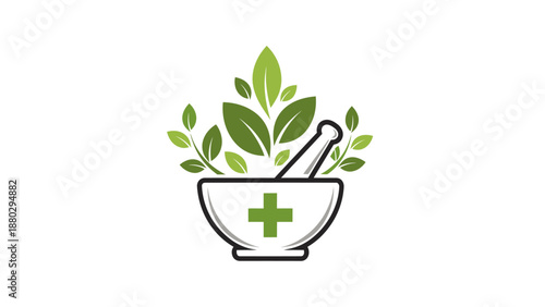 Herbal medicine mortar and pestle with green leaves logo.