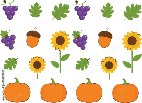 Autumn harvest elements set with pumpkins grapes sunflowers acorns and leaves, cute flat fall season illustration