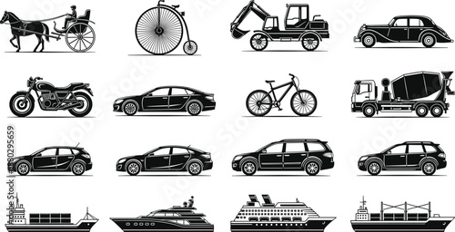 Evolution of Transportation Vector Silhouette Collection Featuring Vintage Carriage Penny Farthing Modern Cars Construction Trucks Luxury Yachts Cargo Ships and Industrial Logistics Vehicle Icons