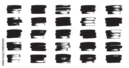 Black ink brush stroke set with textured dry edges for grunge aesthetic and artistic banner designs