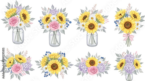 Beautiful hand drawn floral bouquet collection featuring sunflowers pink roses white daisies and purple hydrangeas in mason jars for spring wedding and greeting card designs