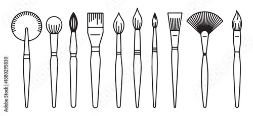 Paint brush icons set with different bristles types for artistic drawing and cosmetic makeup tools