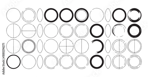 Set of black brush stroke circles and ellipses frames isolated on white background