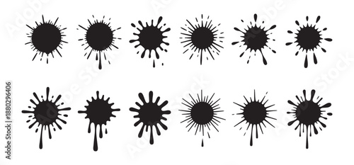 Diverse black liquid paint drops splatter collection abstract texture shapes for modern art and grunge projects