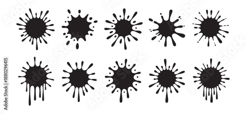 Various black ink splatters set with dripping effect liquid paint abstract shapes for grunge graphic design needs
