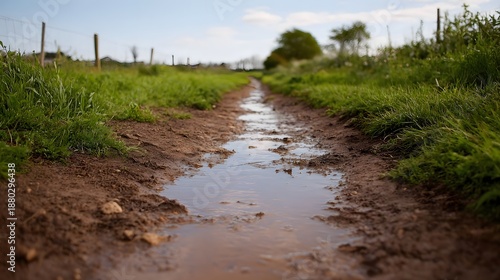 A muddy path with puddles after rain leading through a green countryside under a cloudy sky