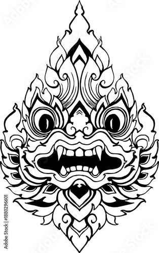 Traditional Lao and Thai art style vector illustration. Hand drawn mythical Giant face mask (Yak) designed for tattoo, logo, emblem, and decoration. Black and white line art.