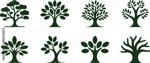 Set of detailed tree icon in the style of a logo, featuring thick trunks, Simple tree silhouette  against a white background.