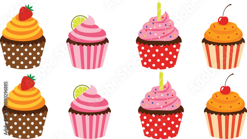 Colorful cupcake icon set with strawberry, cherry and lemon toppings, sweet dessert collection flat vector illustration