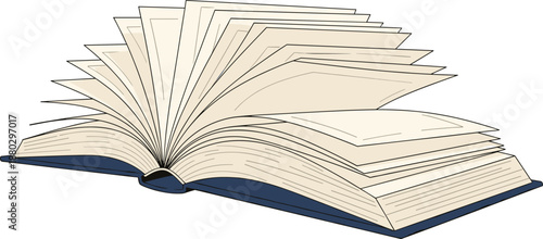 Open book illustration with fluttering pages and blue cover isolated on white background, concept for education, storytelling, literature, learning, library, and creative imagination.