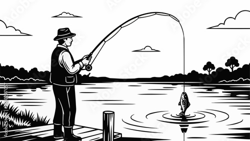 Man fishing on a wooden dock with a fish on the line.