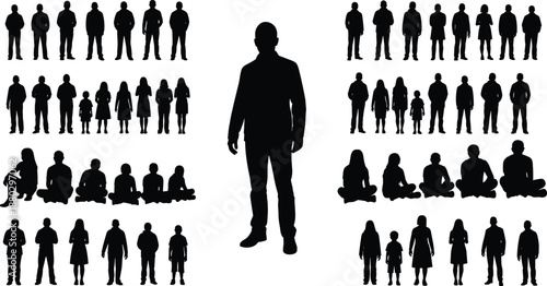 Large set of black silhouettes featuring diverse groups of people standing sitting and gesturing for architectural visualization urban landscape design and vector illustration