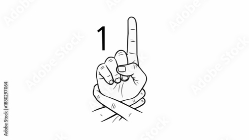 Hand gesture showing the number one with a large numeral one symbol.