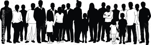 Large diverse group of black and white silhouettes featuring men women and children standing together for community architectural visualization urban landscape and vector illustration