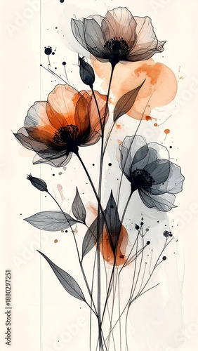 Elegant floral arrangement featuring delicate, translucent petals in shades of black and orange with watercolor accents on cream