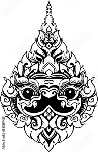 Traditional Lao and Thai art style vector illustration. Hand drawn mythical Giant face mask (Yak) designed for tattoo, logo, emblem, and decoration. Black and white line art.