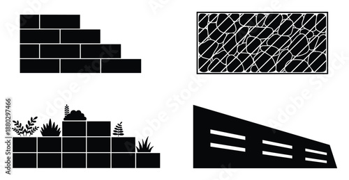 Collection of vector landscape design elements in minimalist style. Black set