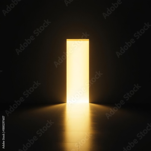 A glowing golden rectangular doorway in a dark room, symbolizing hope, opportunity, or a new beginning.