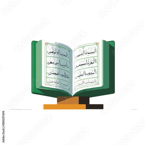 an open Quran book resting on a wooden stand (Rehal)