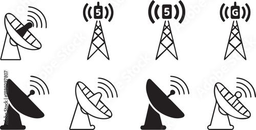 Satellite and Cell Towers in Various Styles and Silhouettes with Wireless Signals in Simple Line Art for Telecommunications