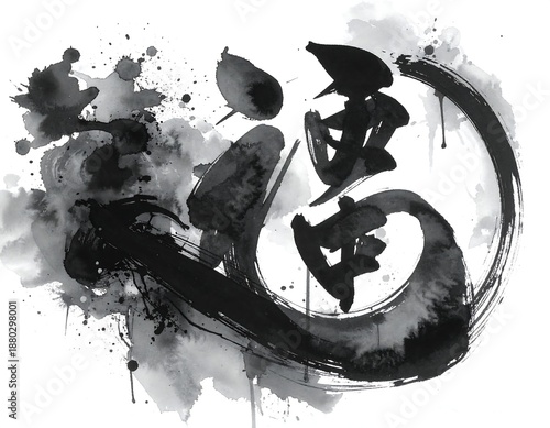 Black Japanese calligraphy of a word in a circular shape
