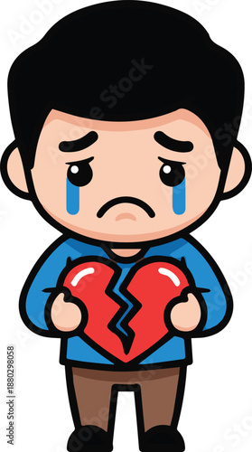 Sad boy holding a broken heart, representing heartbreak and sadness in a cute cartoon style