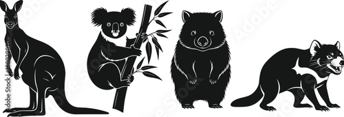 Collection of Australian wildlife vector silhouettes featuring kangaroo koala wombat and tasmanian devil isolated on white background for nature design projects