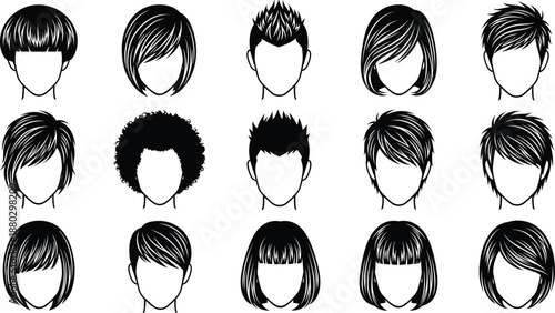 Set of minimalist vector hair style icons and head silhouettes featuring various modern male and female haircuts for fashion design avatars