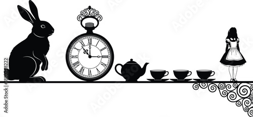 Alice in Wonderland Silhouette Illustration Featuring the White Rabbit Pocket Watch Teapot and Alice on a Decorative Shelf Isolated on White (21 words)
