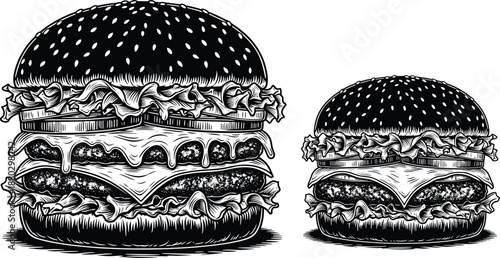 Hand Drawn Engraving Style Illustration of Two Gourmet Cheeseburgers with Sesame Buns Lettuce and Melting Cheese Isolated on White Background (