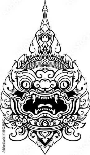 Traditional Lao and Thai art style vector illustration. Hand drawn mythical Giant face mask (Yak) designed for tattoo, logo, emblem, and decoration. Black and white line art.