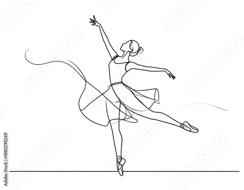 Black and white line drawing of a graceful ballet dancer in mid-air
