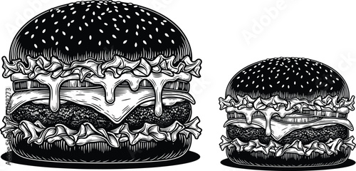 Vintage Hand Drawn Engraving Illustration of Two Delicious Cheeseburgers with Melting Cheese and Sesame Buns for Restaurant Menu Design Branding