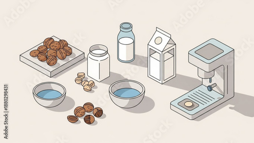 Almond milk production process with ingredients and equipment illustrating vegan diet and plant based nutrition concept