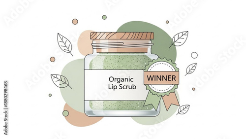Organic lip scrub jar with winner award and green leaves on white background for beauty product advertising