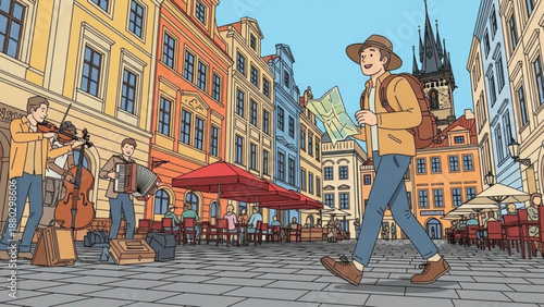 Young tourist walking in a vibrant historic european city square with colorful buildings and outdoor cafes