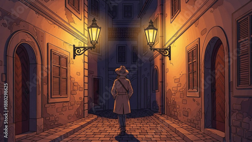 Man in coat walks down narrow alleyway with street lamps at night in mysterious urban scene