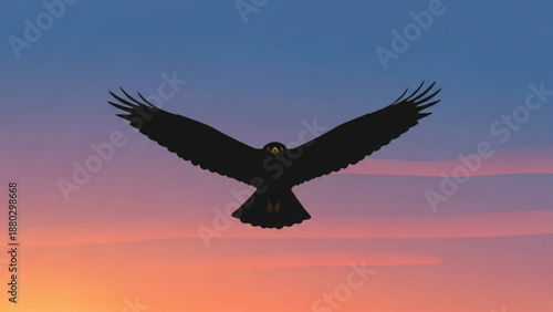 Silhouette of an eagle flying with outstretched wings against a vibrant sunset sky with orange pink and blue hues freedom and nature concept