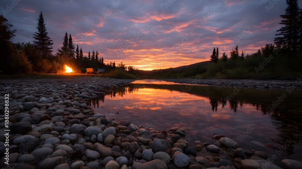 Fototapeta premium Serene campsite nestled by a river at twilight with a glowing campfire and vibrant sunset clouds reflected in the calm water