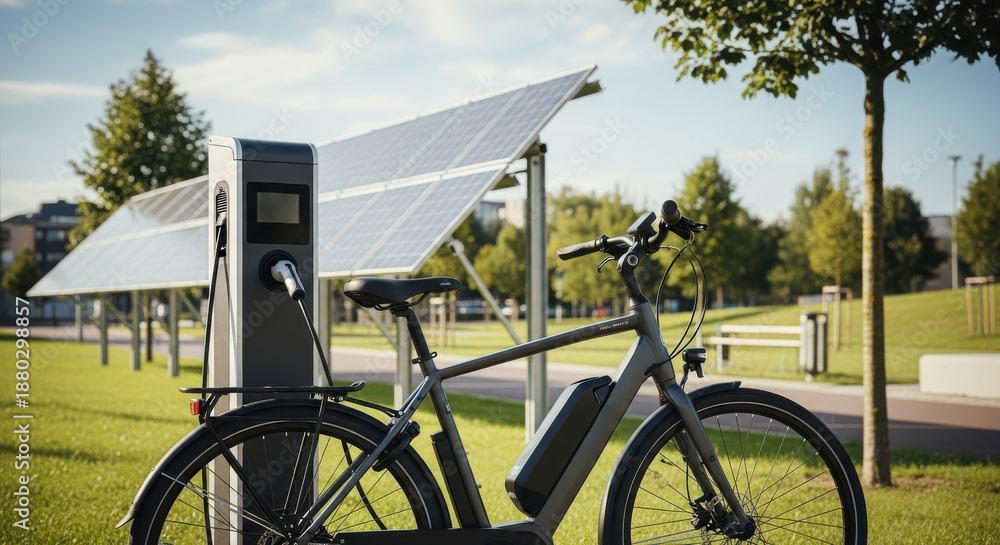 Fototapeta premium Modern electric bicycle connects to a charging station powered by adjacent photovoltaic panels outdoors.